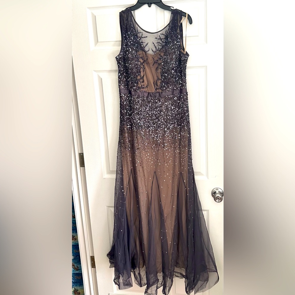 Adrianna Papell Navy and Nude Beaded Evening Gown